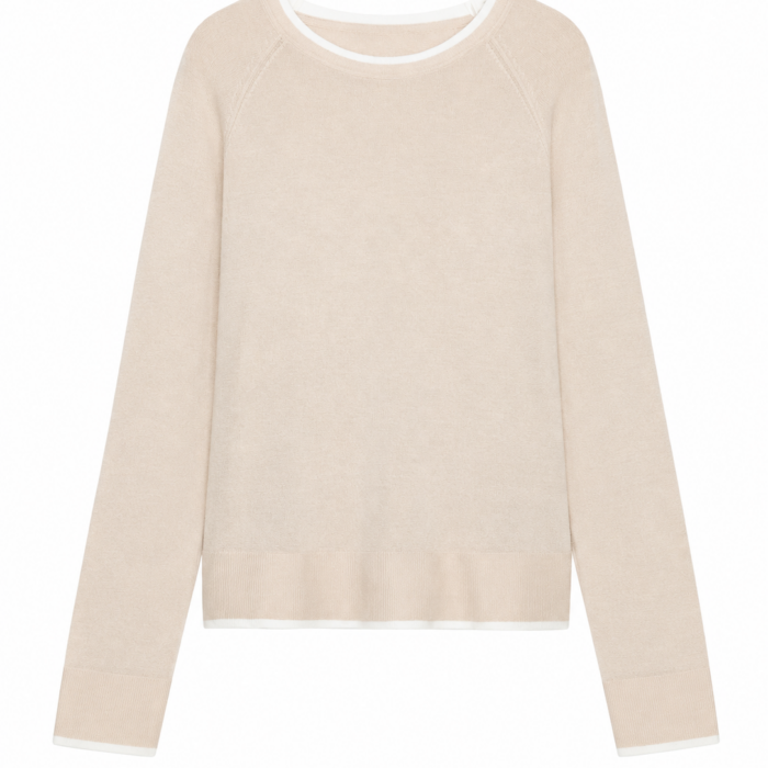 Light Beige Contrast Trim Crew Neck Sweater