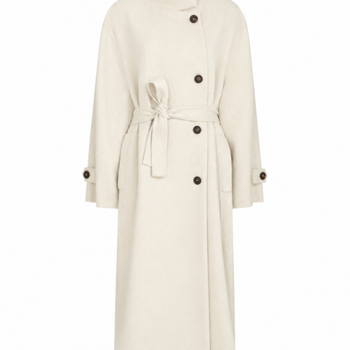 Ivory Longline Coat with Funnel Neck and Belt