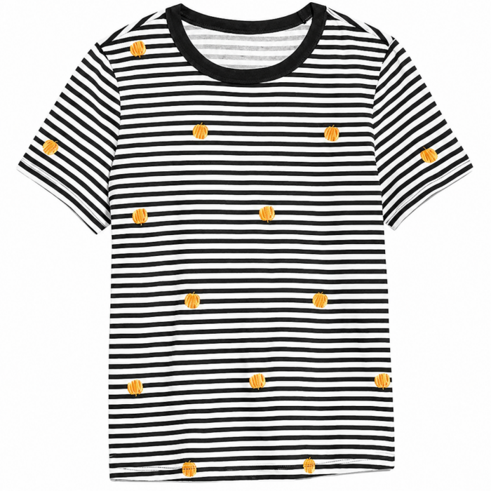 Black and White Striped Short Sleeve T-Shirt with Yellow Dot Accents