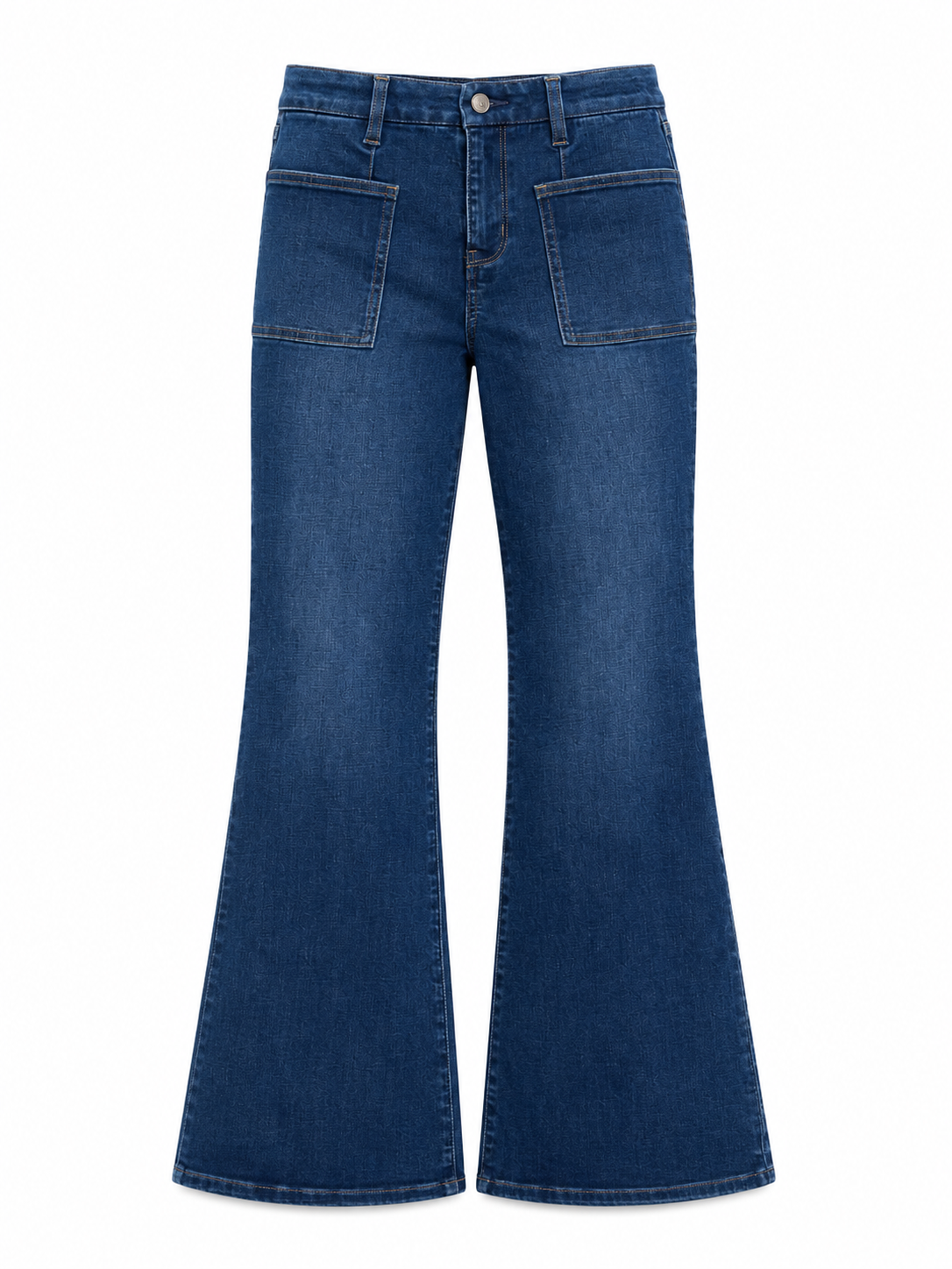 Medium Blue High-Rise Flared Jeans with Patch Pockets