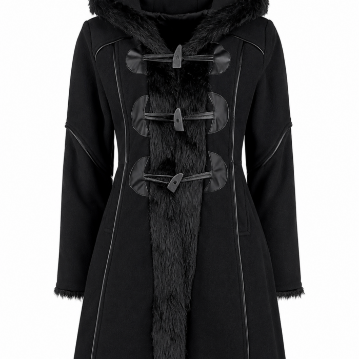 Black Hooded Coat with Faux Fur Trim and Toggle Closures