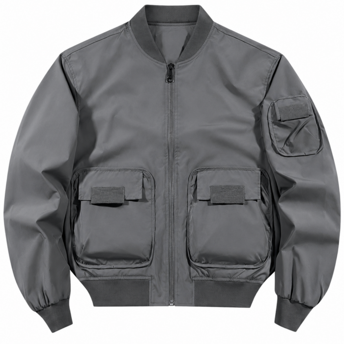 Grey Bomber Jacket with Raglan Sleeves and Zip Front