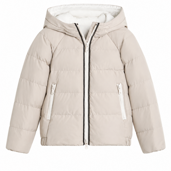 Light Beige Hooded Puffer Jacket with Quilted Texture