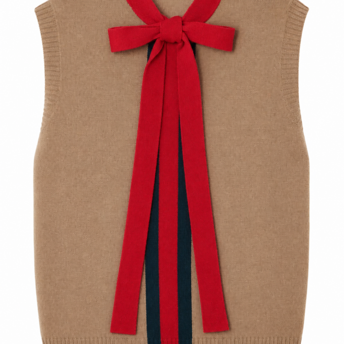 Camel Sleeveless Knit Sweater Vest with Red Bow Tie Accent