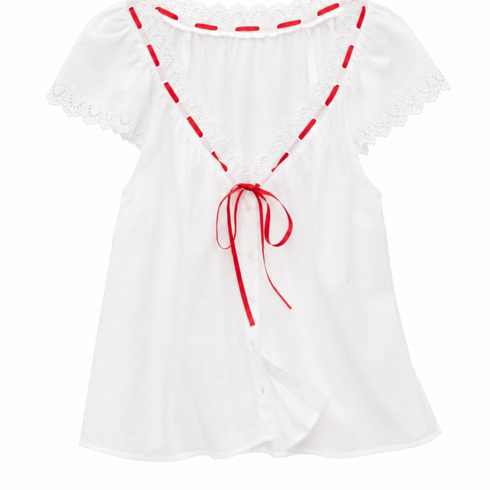 White Off-Shoulder Lace Detail Blouse with Red Ribbon