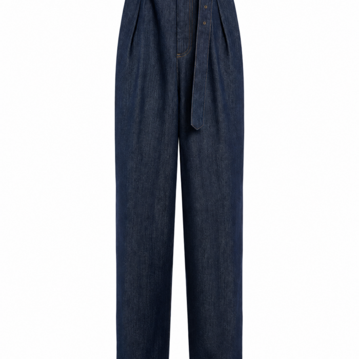 Dark Indigo High-Rise Wide-Leg Jeans with Pleats and Self-Tie Belt