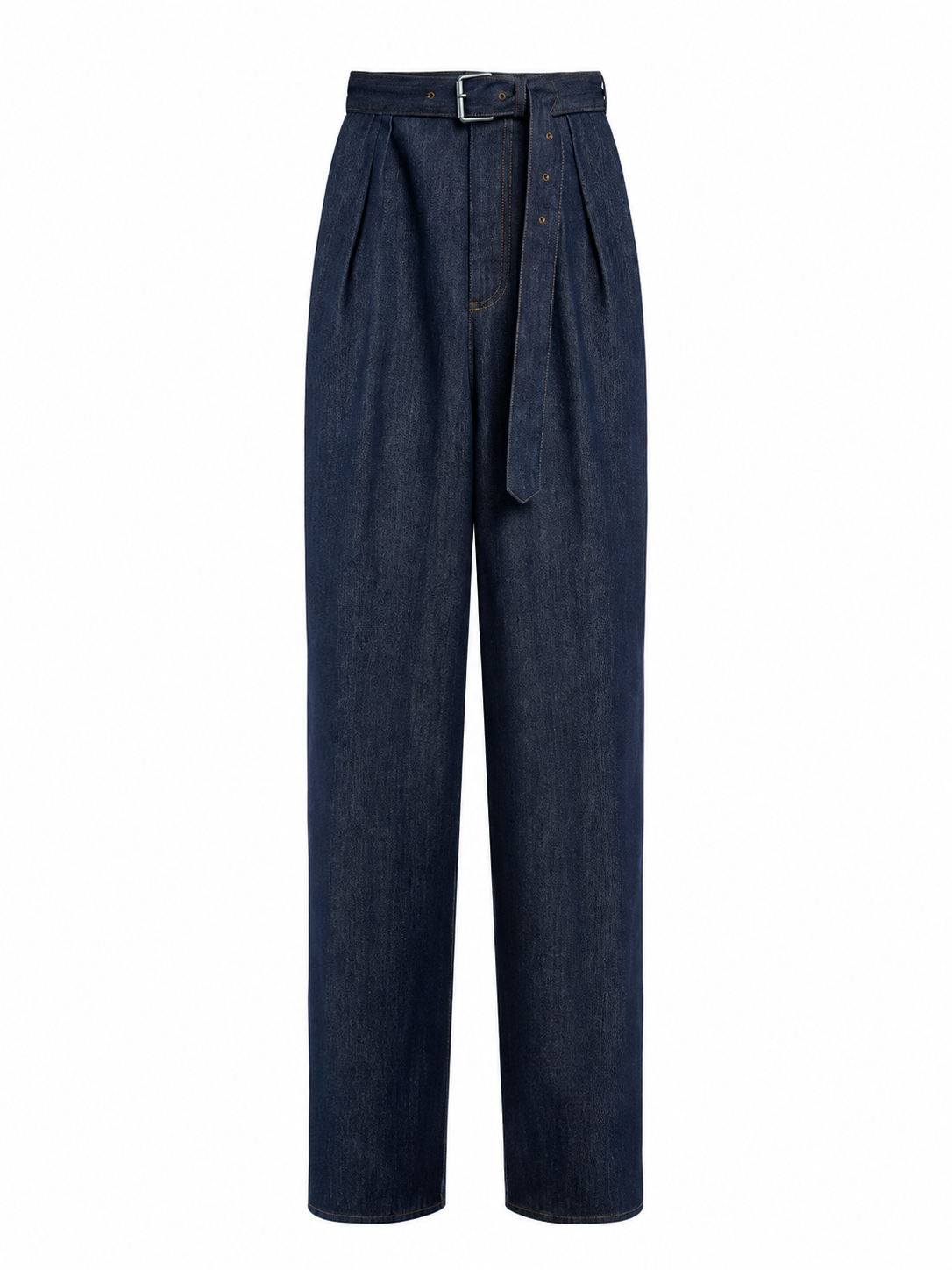 Dark Indigo High-Rise Wide-Leg Jeans with Pleats and Self-Tie Belt