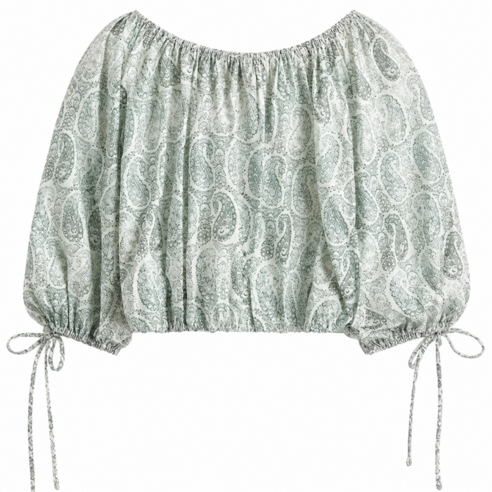 Light Green Paisley Print Off-Shoulder Cropped Top with Drawstring Sleeves
