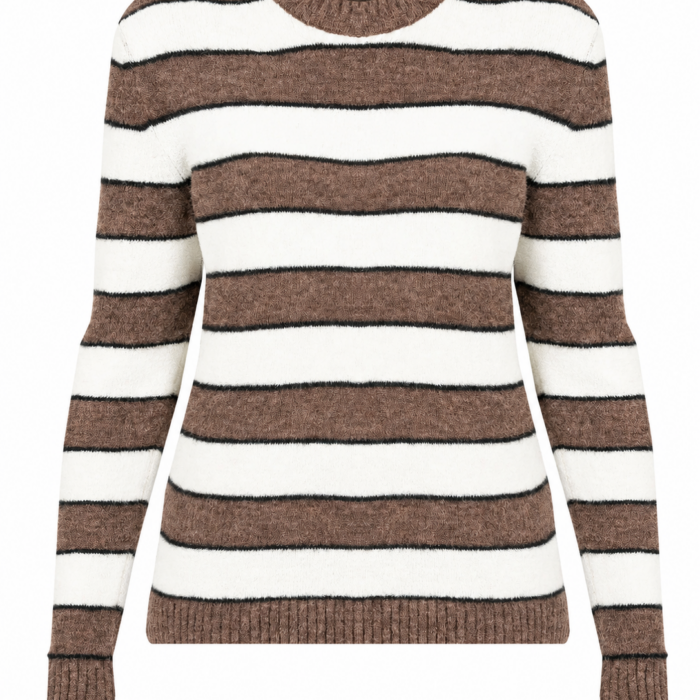 Brown and Off-White Striped Crew Neck Sweater