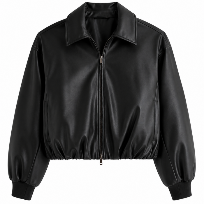 Black Cropped Faux Leather Jacket with Zip Front
