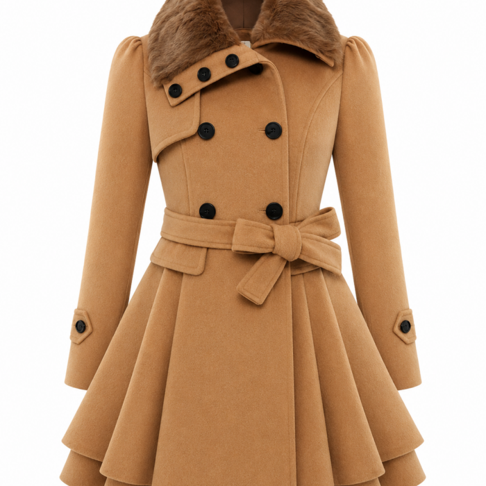 Camel Double-Breasted Coat with Faux Fur Collar and Belt