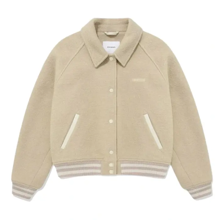 Beige Wool-Blend Varsity Jacket with Striped Ribbed Trim
