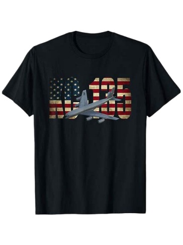 Black Graphic T-Shirt with American Flag and Airplane Print