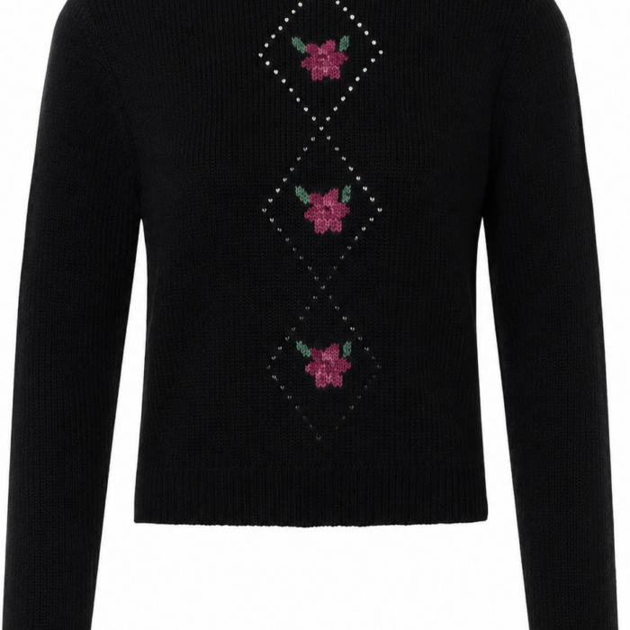 Black Floral Rhinestone Embellished Crew Neck Sweater