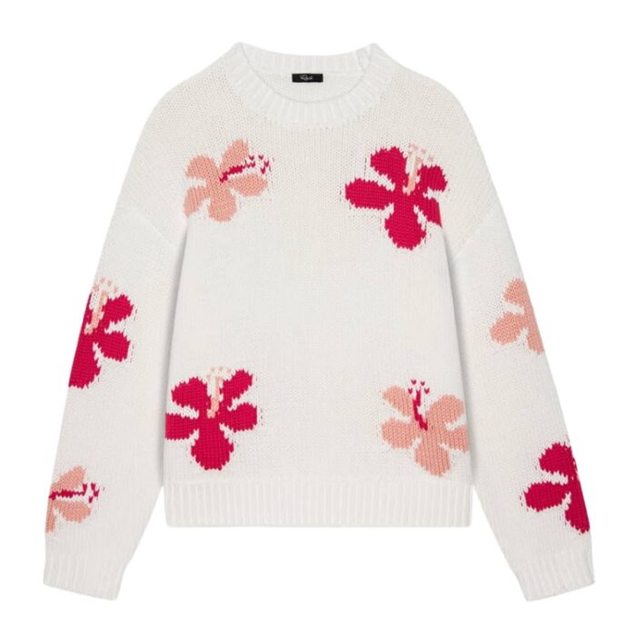 White Hibiscus Intarsia Knit Crewneck Sweater