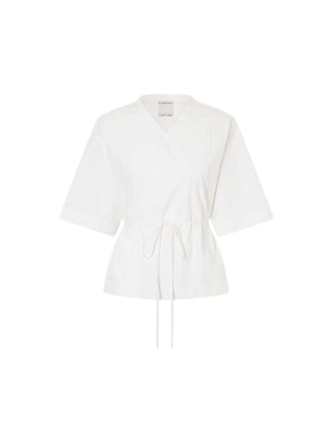 White Wrap Style Short Sleeve V-Neck Top with Drawstring Tie
